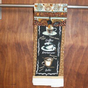 COFFEE PRINT HAND TOWEL HANDMADE HANGING KITCHEN LATTE, AMERICANO TAN BLACK TEAL